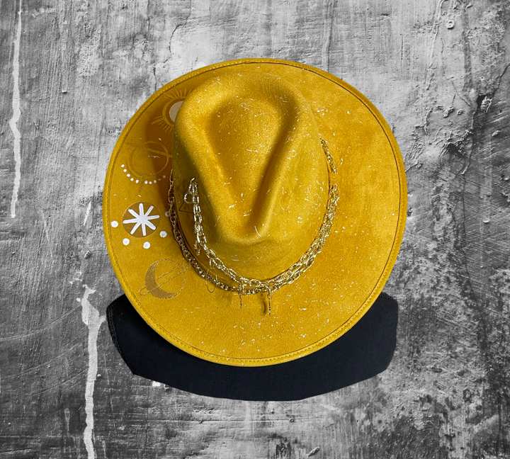 Astro Hand painted suede Fedora hat, with gold plated chain. Color MUSTARD