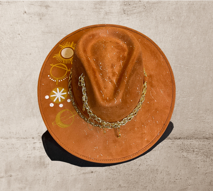 Astro Hand painted suede Fedora hat, with gold plated  chain. Color RUST