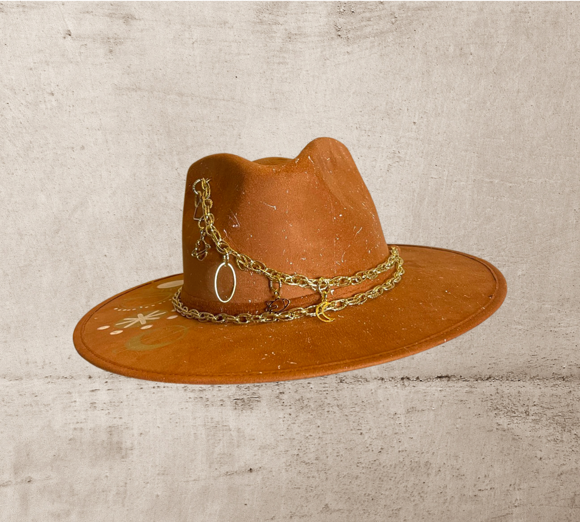 Astro Hand painted suede Fedora hat, with gold plated chain. Color RUST