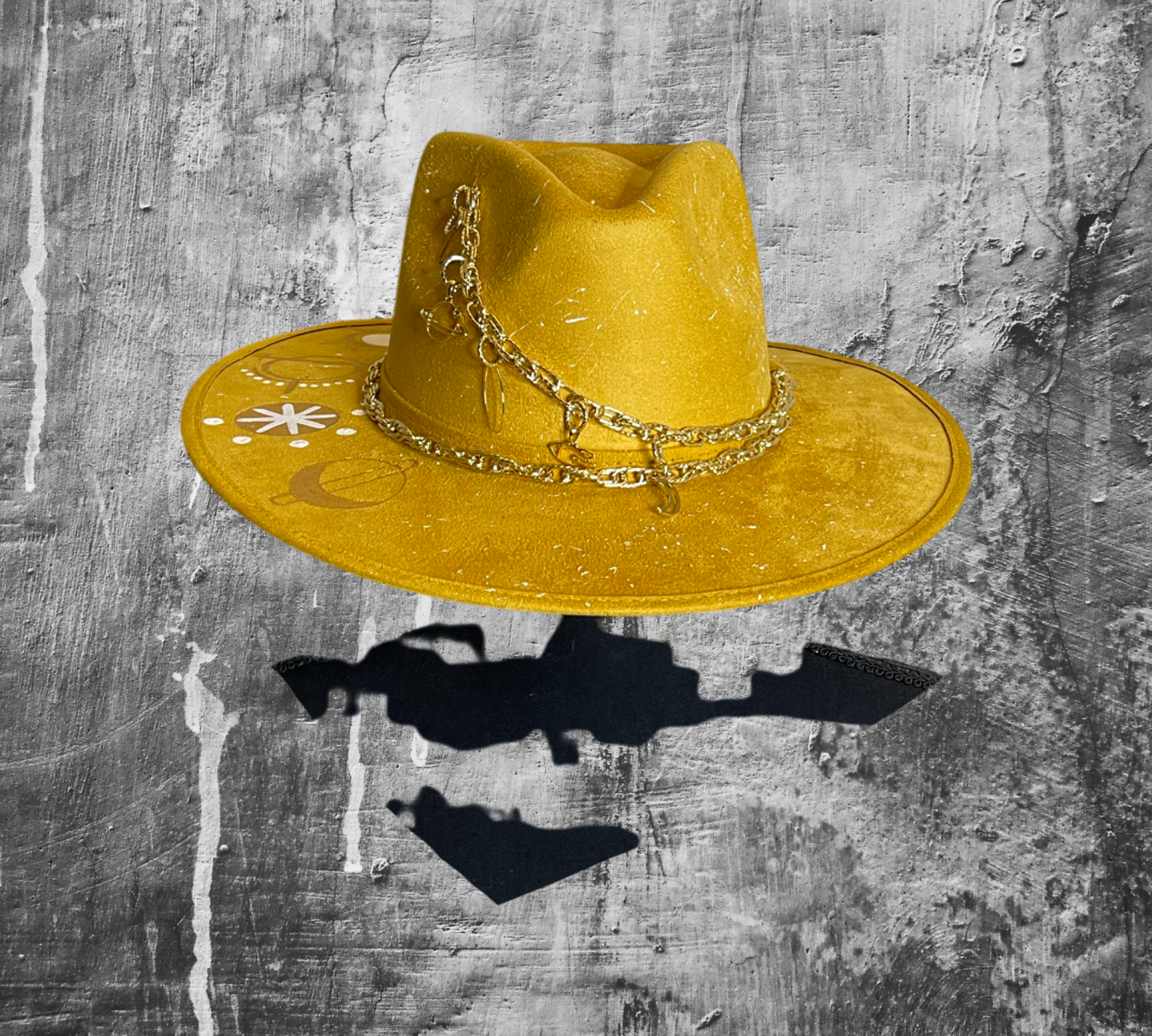 Astro Hand painted suede Fedora hat, with gold plated chain. Color MUSTARD