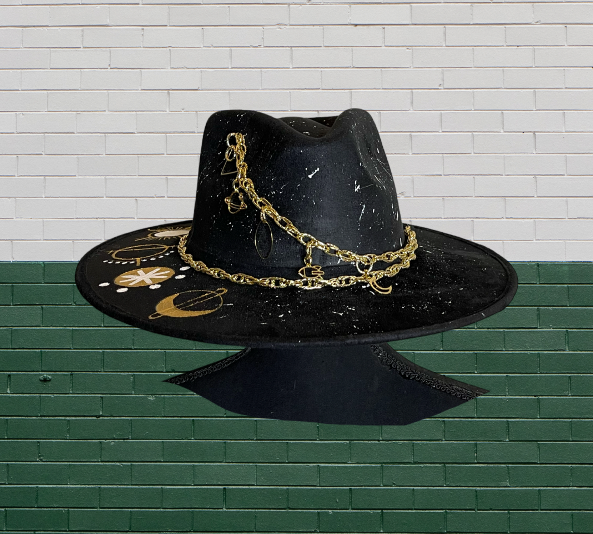 Astro Hand painted suede Fedora hat, with gold plated chain. Color Black