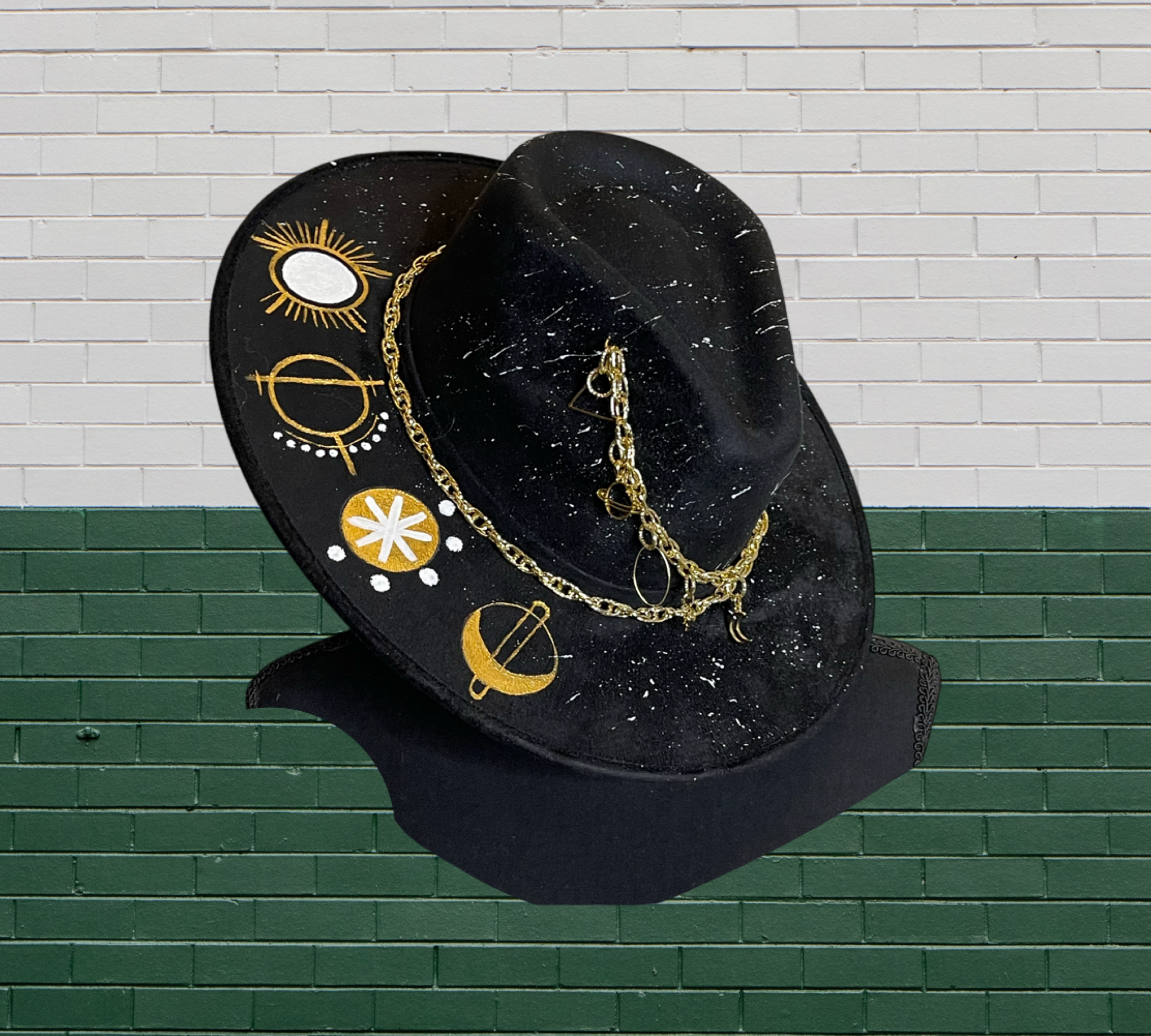 Astro Hand painted suede Fedora hat, with gold plated chain. Color  Black