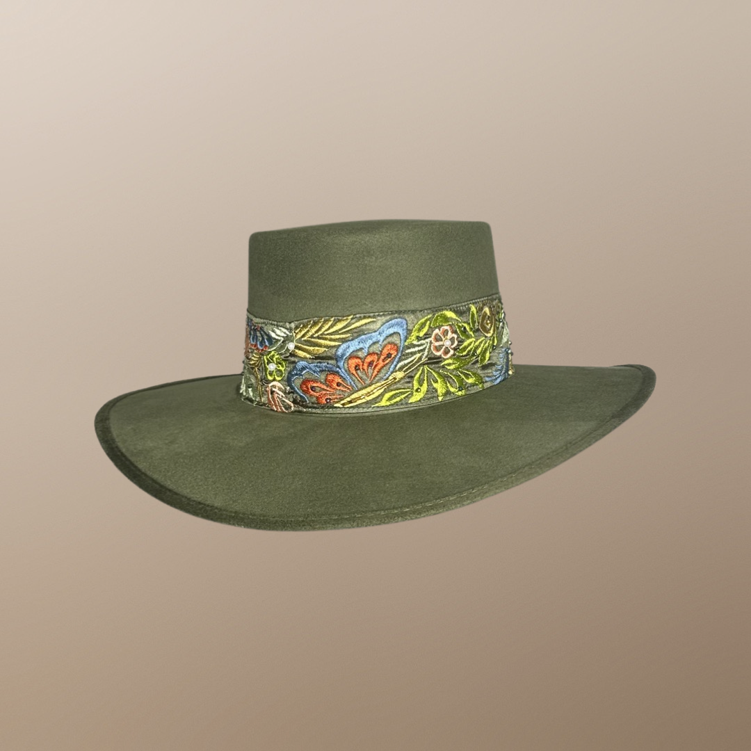 Boater Vegan Suede Embroidered band