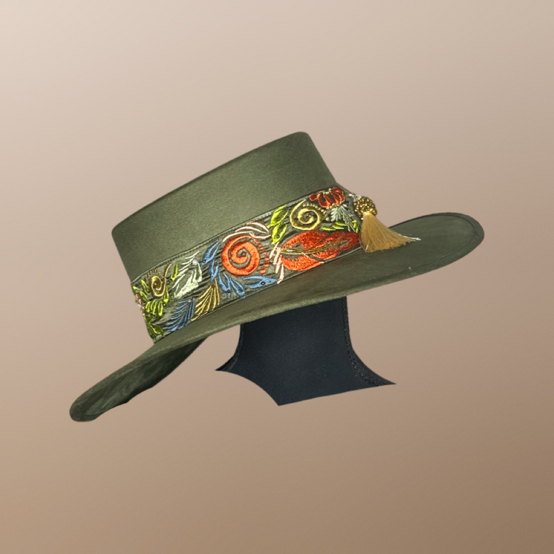 Boater Vegan Suede Embroidered band